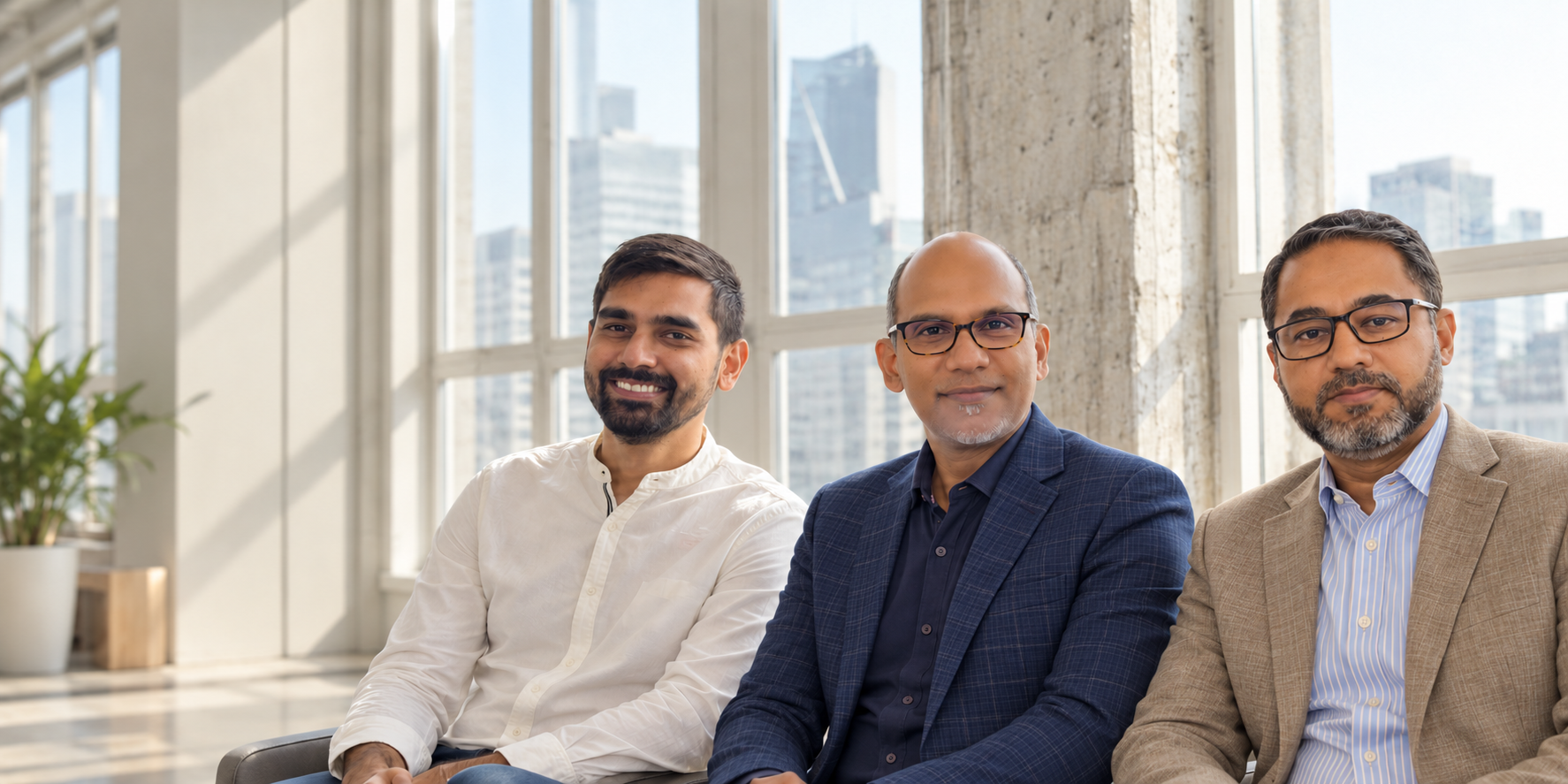 Anuraag Vaidya, Jose Leon and Vivek Ballabh seated together in a sunlit office.